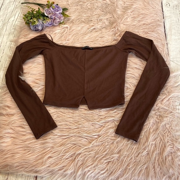 Naked Wardrobe Brown Ribbed Crop Long Sleeve Slit Top sz M - Picture 1 of 9